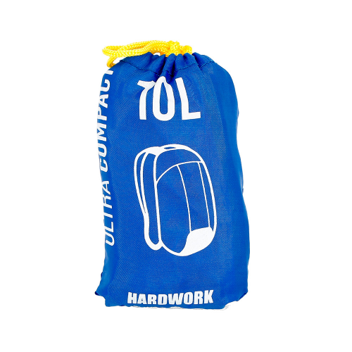 Mochila Ultra Compacta Hardwork azul plegada en su bolsa
