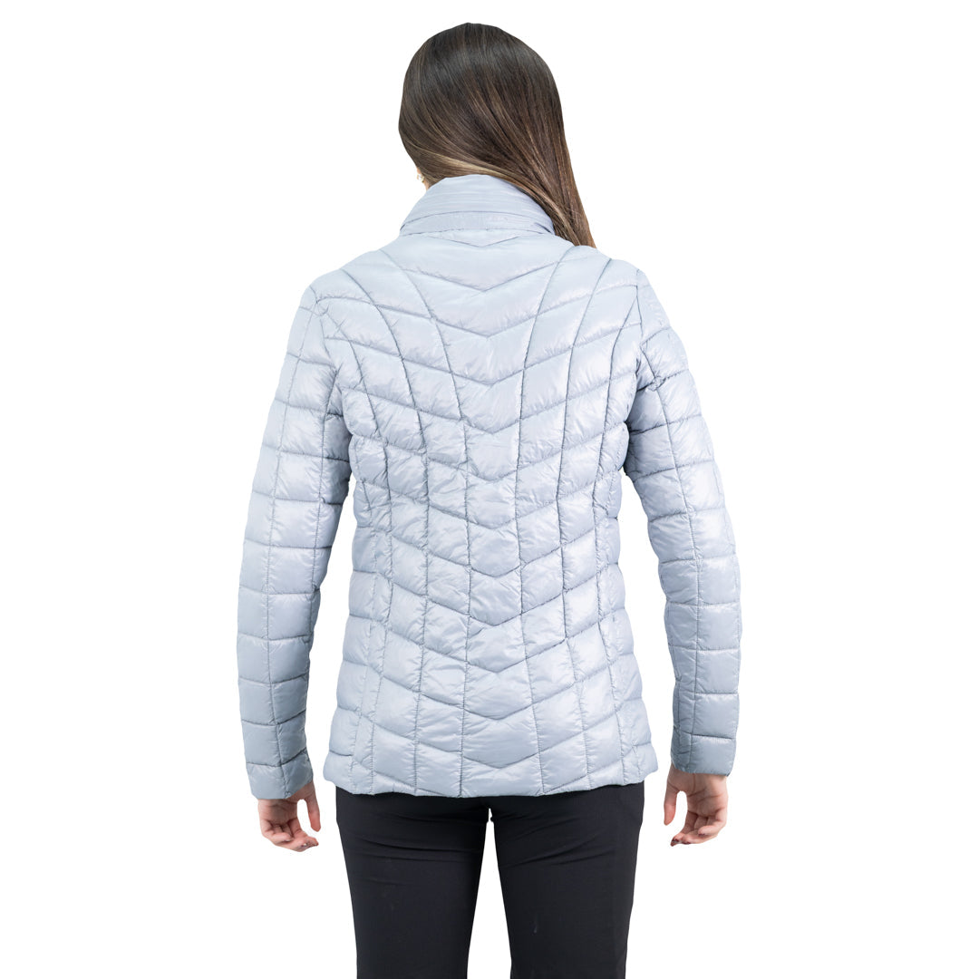 Parka insulada Traveler Hardwork para mujer color gris claro – espalda