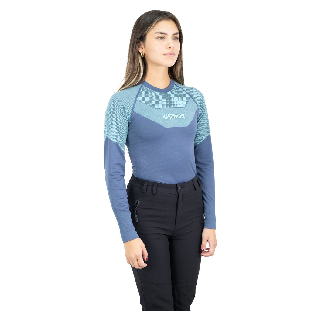 Camiseta primera capa Ecopper Hardwork para mujer color azul – otro ángulo