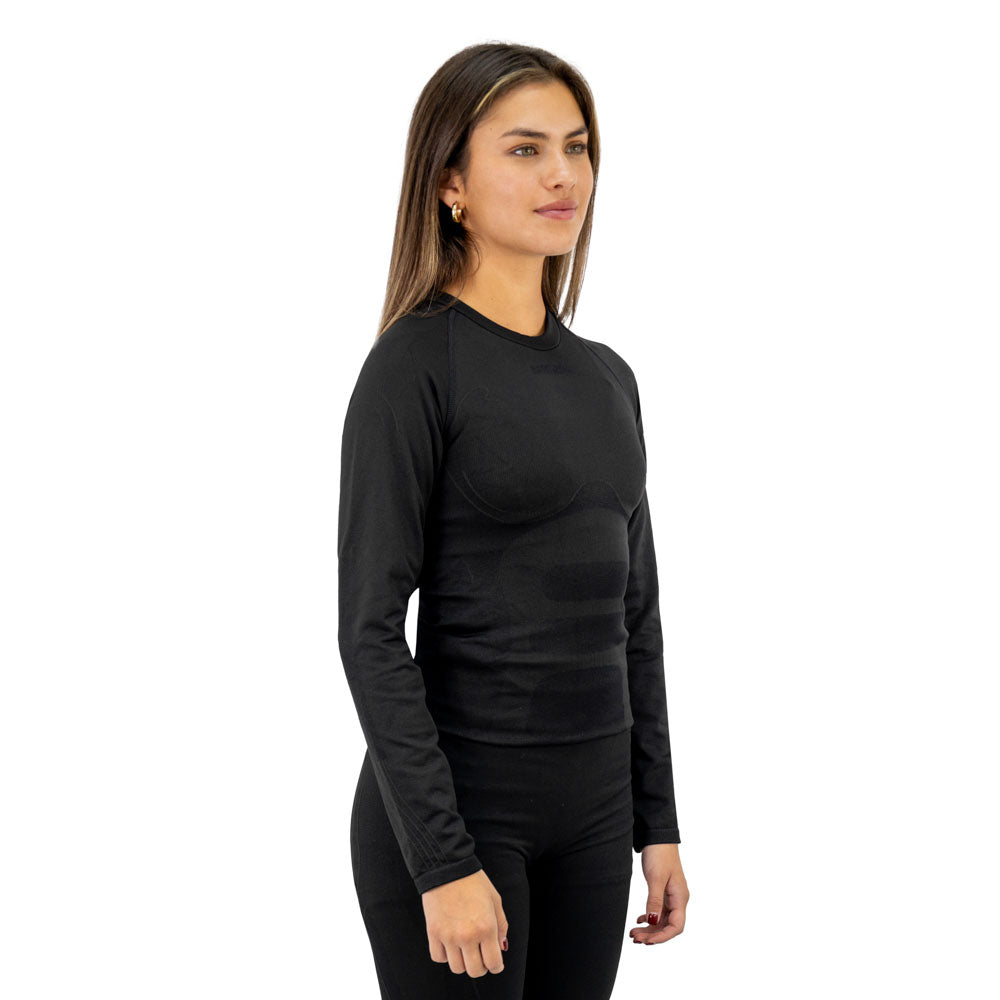Camiseta térmica Patagonia Spandex Hardwork para mujer color negro – detalle de la prenda