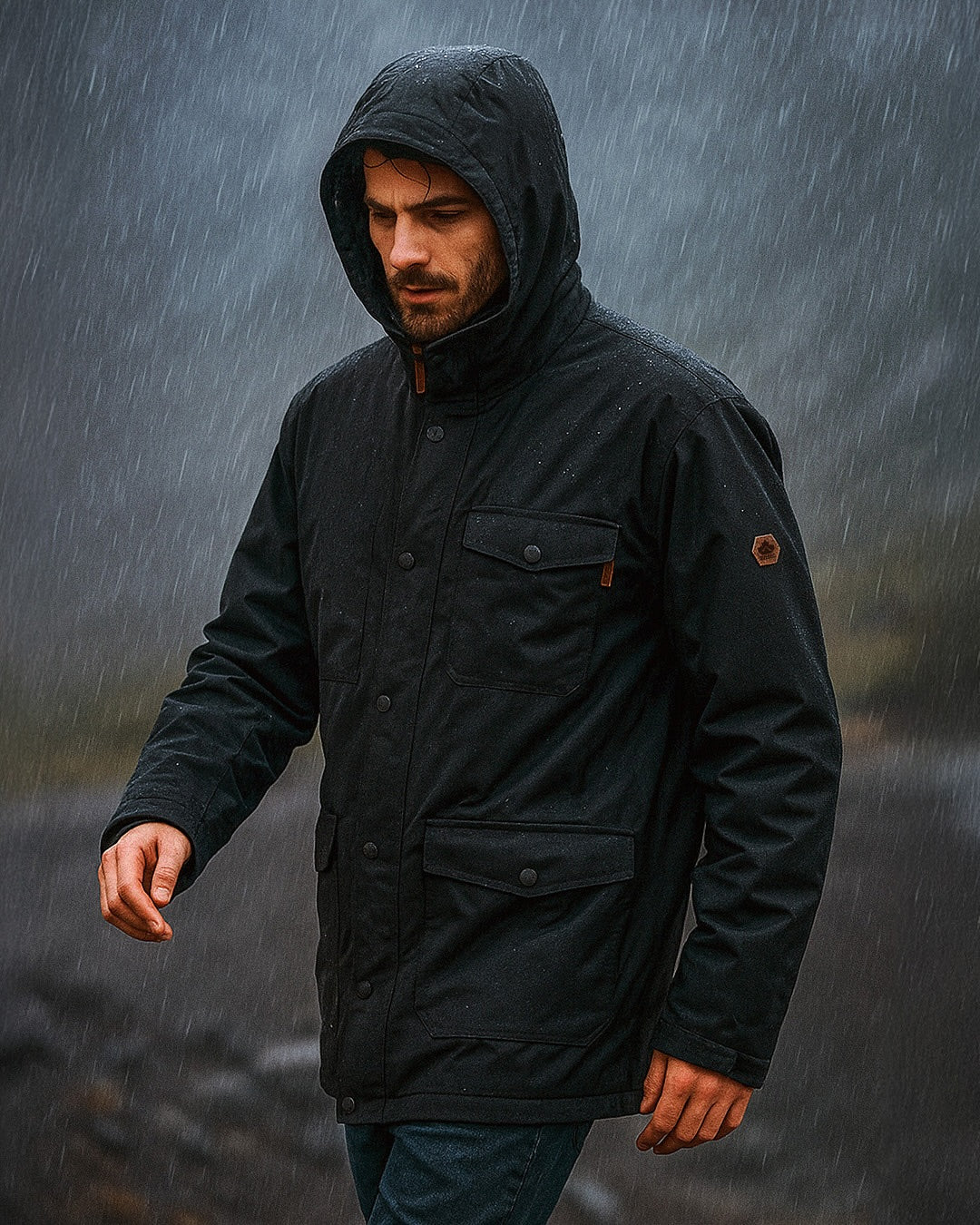 Hombre con Parka Yosemite negra bajo la lluvia