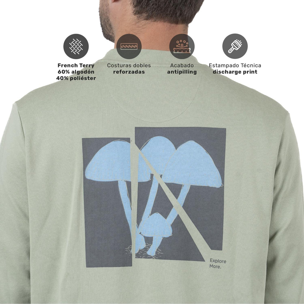 Polerón Unisex Mycena verde, detalle del estampado en la espalda